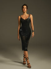 Plunge Neck Rhinestone Midi Dress In Black