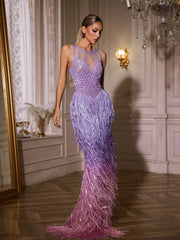 Robe longue violette à franges et strass