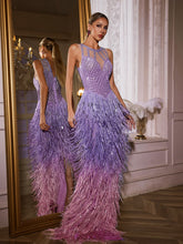 Robe longue violette à franges et strass