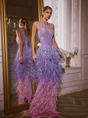 Robe longue violette à franges et strass