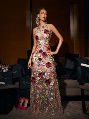 Robe longue sans manches en maille à fleurs rose poudré