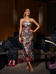 Strapless Mesh Flower Midi Dress In Black