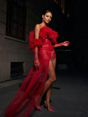 Spaghetti Tulle Maxi Dress With Gloves