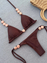Bead Bikini Halter Swimsuit Shirring Swimwear High Leg Two Piece Bathing Suitwear Halter Biquini
