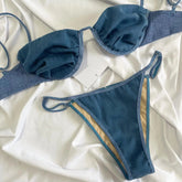 Denim Look Bikini Swimsuit Shirring Swimwear High Leg Two Piece Bathing Suitwear Biquini