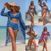 Floral Print 3 Piece Bikini Set Sheer Mesh Cover Up & Triangle Top & Bottom Blue Halter Bikini Coverup