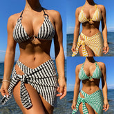 Striped 3-Piece Bikini Set Color Blocking Halter Top & High-Waist Bottom Triplet Sundress