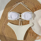 beige hollow out bow tie bikinis Sets two pieces halter backless thong Swimsuit bathing suit biquini