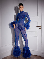Feather Trimmed Rhinestone Mesh Jumpsuit