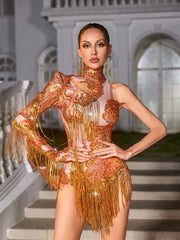 One Shoulder Rhinestone Fringe Bodysuit In Orange