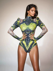Long Sleeve Rhinestone Printed Bodysuit