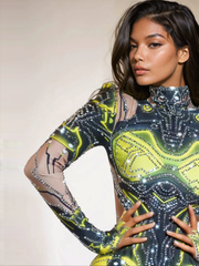 Long Sleeve Rhinestone Printed Bodysuit