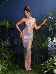 Robe longue violette à dos nu et strass ombrés
