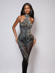 Cutout Cobweb Rhinestone Mesh Jumpsuit In Black