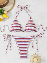 bikiniwear Striped 2Pcs Bathing Suit Bikini Set Fashion Swimwear Halter Bra With Side Tie Thong Swimsuits
