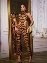 Cutout Rhinestone Tiger Jumpsuit