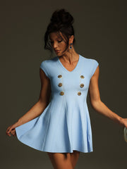 V Neck Button Knitted Mini Dress In Blue