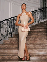 Halterneck Flower Sequin Maxi Dress In Beige