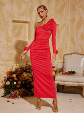 One Shoulder Flower Ruched Midi Dress