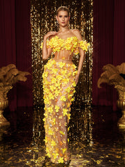 Off Shoulder Flower Pearl Skirt Set