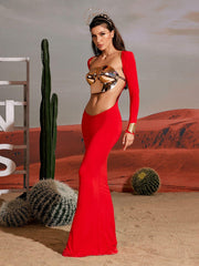 Long Sleeve Cutout Maxi Dress In Red