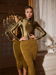 High Neck Ruched Midi Dress