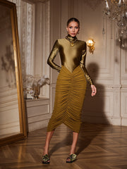 High Neck Ruched Midi Dress