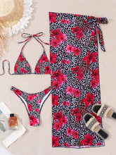 With Sarong Leopard Flower Printed Bikini Three-pieces Bikini Set