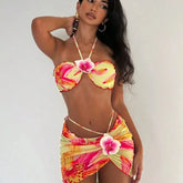 3 Piece Backless Halter Bikini Set Body Hugging Bottom with Print & Cover Up Floarl Boho Swimwears