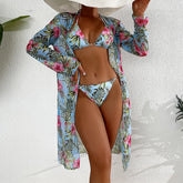 3-Piece Long Sleeve Bikini Set Sheer Mesh Cover Up Swim Bottom Yet Conservative Swimwear