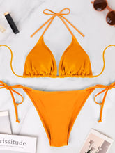 Bikini Set Style Solid Color Hanging Neck Exposed Back Lace Up Bikini Swimsuit Suit