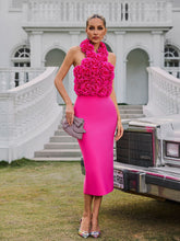 Halterneck Flower Bandage Midi Dress In Hot Pink