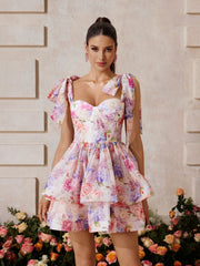 Robe mini sans manches à volants floraux rose
