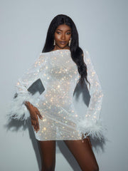 Rhinestone Mesh Mini Dress In White