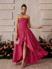 Robe longue bustier froncée rose fuchsia