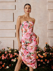 Ruched Floral Midi Dress In Pink