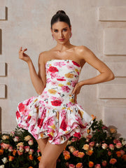 Strapless Floral Bubble Mini Dress In Rose