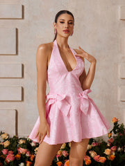 Robe courte jacquard à décolleté plongeant et nœud