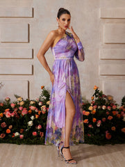 One Shoulder Split Floral Midi Dress
