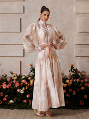 Robe longue fleurie boutonnée à col montant