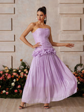 Strapless Ruched Ruffle Maxi Dress In Purple