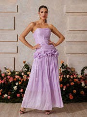 Strapless Ruched Ruffle Maxi Dress In Purple