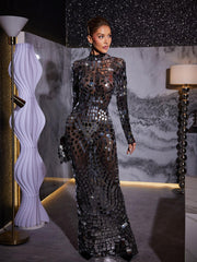 Robe longue maxi en maille acrylique à manches longues