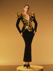 Robe longue fendue en étoile à décolleté plongeant