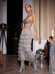 Halterneck Rhinestone Fringe Midi Dress