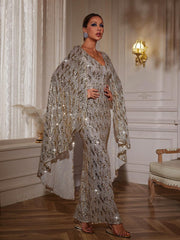 Draped Sleeve Sequin Maxi Dress