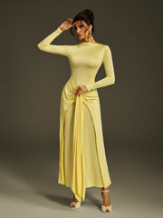 Robe longue drapée à manches longues jaune beurre