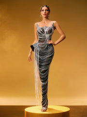 Strapless Crystal Chain Fringe Maxi Dress