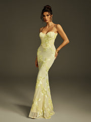 Spaghetti Embroidered Flower Maxi Dress