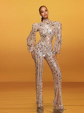 Long Sleeve Embellished Jumpsuit In Nude